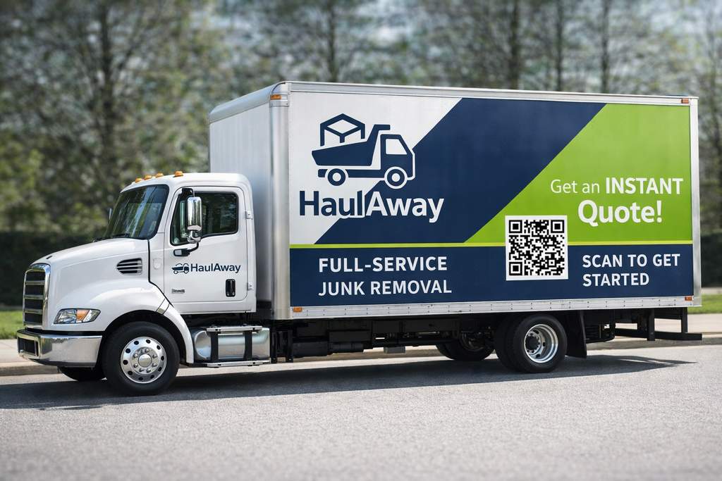 Branded junk removal truck with QR code for instant quote