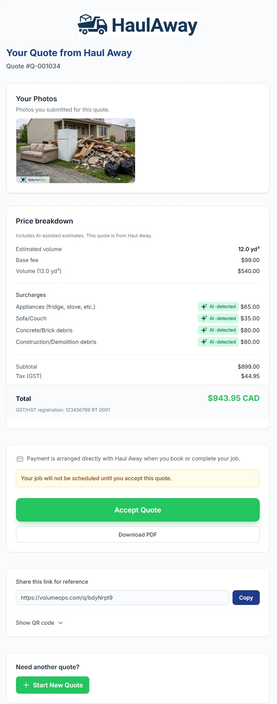 Example customer quote page with itemized pricing and AI-detected surcharges